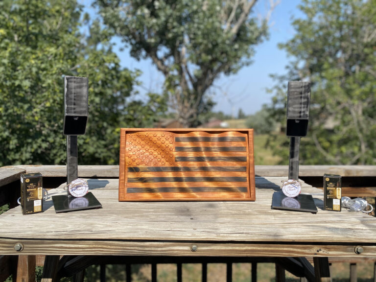 Custom Wood flag carving with 2 Custom gloss coated steel lamps